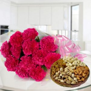 Pink Carnation With Dry Fruits Basket
