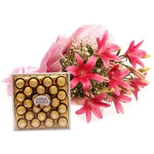6 Pink Lily with 24 Pcs Ferrero Rocher