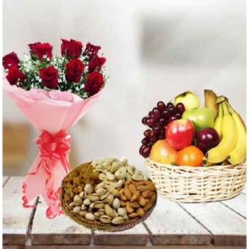 Fresh Dry and Fresh Fruits Basket with Roses