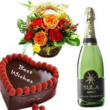 Mixed Rose Basket and Sula Brut with Heart shape Chocolate Cake