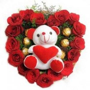 18 red rose heart shape arrangement with Ferraro Rocher and teddy