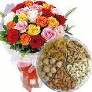 20 Mix Roses with Half kg Dry Fruits Basket