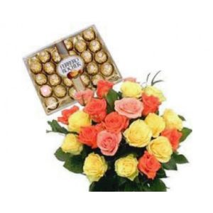 25 Mix Roses Bunch with 24 Ferraro Rocher