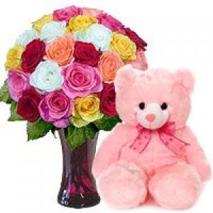 25 Mix Roses Vase With Teddy