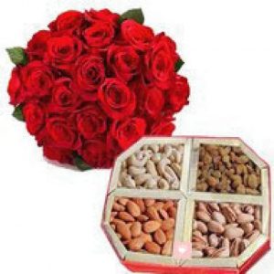 Mixed Dry fruits with Red Rose Bunch