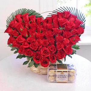 50 red rose heart-shape arrangement with 16 Ferrero rocher