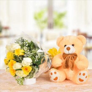 Mixed Roses Bunch with Teddy bear