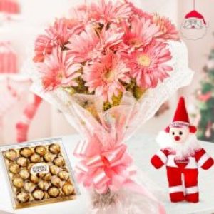 24 pcs Ferrero rocher, Santa and 15 pink gerbera bunch