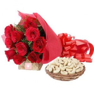 Bunch of 10 Red Roses and 1 kg Cashew with Basket
