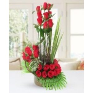 20 red roses tall arrangement in basket