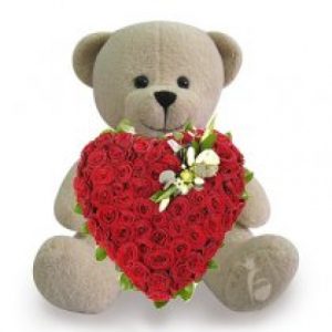 50 red rose heart shape arrangement with 24" teddy
