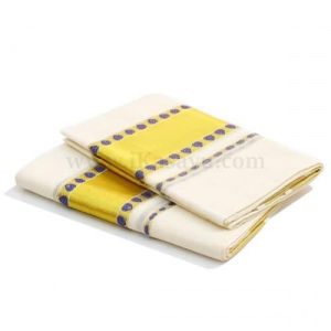 Kasavu Set Mundu_With Golden And Violet Floral Border