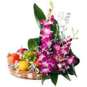 Purple Orchid and Mixed Fruits with basket.