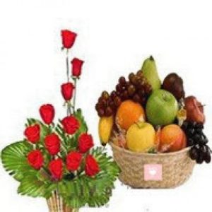 Red Roses Basket With Mixed Fruits