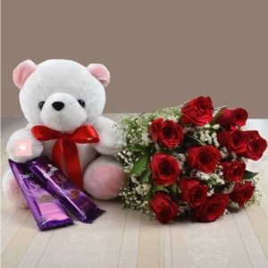 Teddy Bear 6 inches 2 Dairy Milk Silk With 10 Red Roses