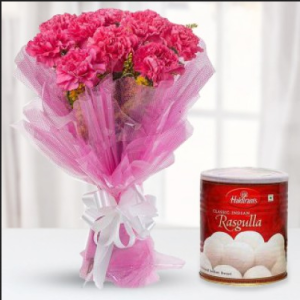 Pink Carnation bunch with Rasagula