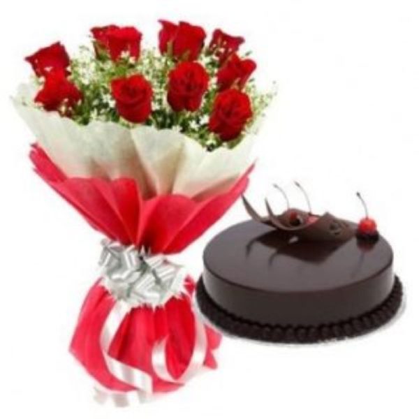 12 Red Roses in Red and white paper with Chocolate Truffle Cake