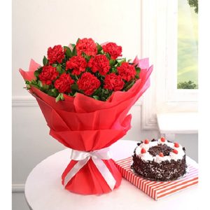 15 Red Carnations with Black Forest Cake