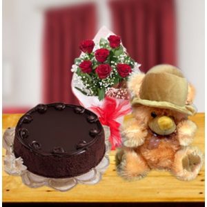 Red Rose Bunch Chocolate Cake and Teddy