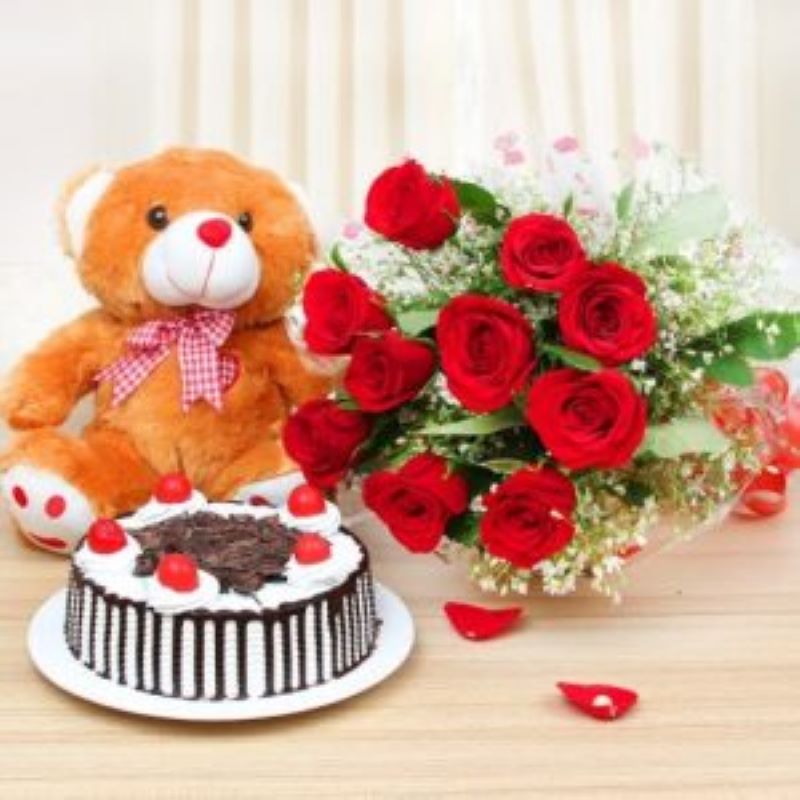 Black forest cake 10 red rose bunch with 12 inches teddy bear