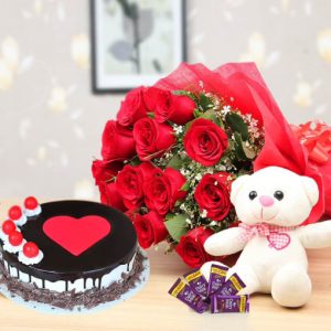 Cake combo with teddy and red rose